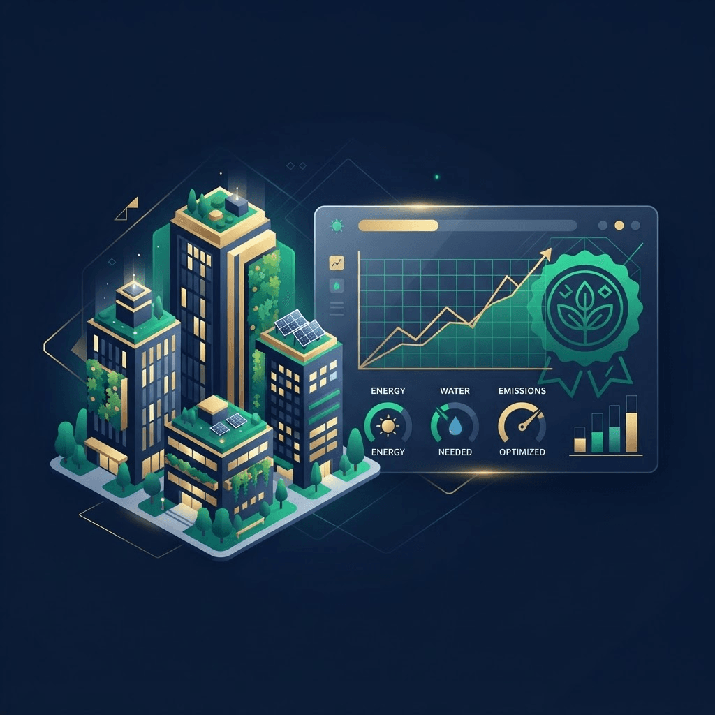 Illustration of a sustainable real estate portfolio with certified buildings, environmental indicators and a green seal.