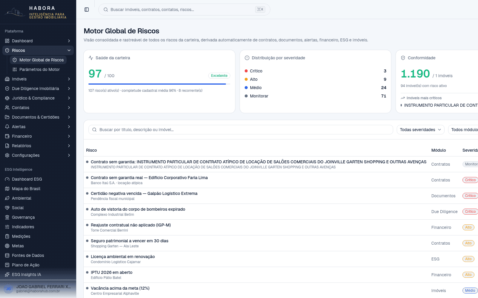Motor Global de Riscos — Tela real da plataforma