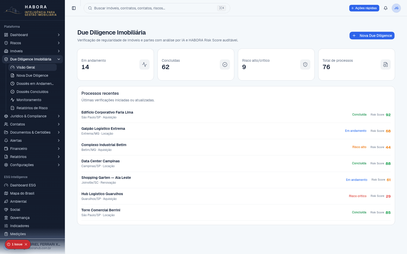 Due Diligence — Tela real da plataforma