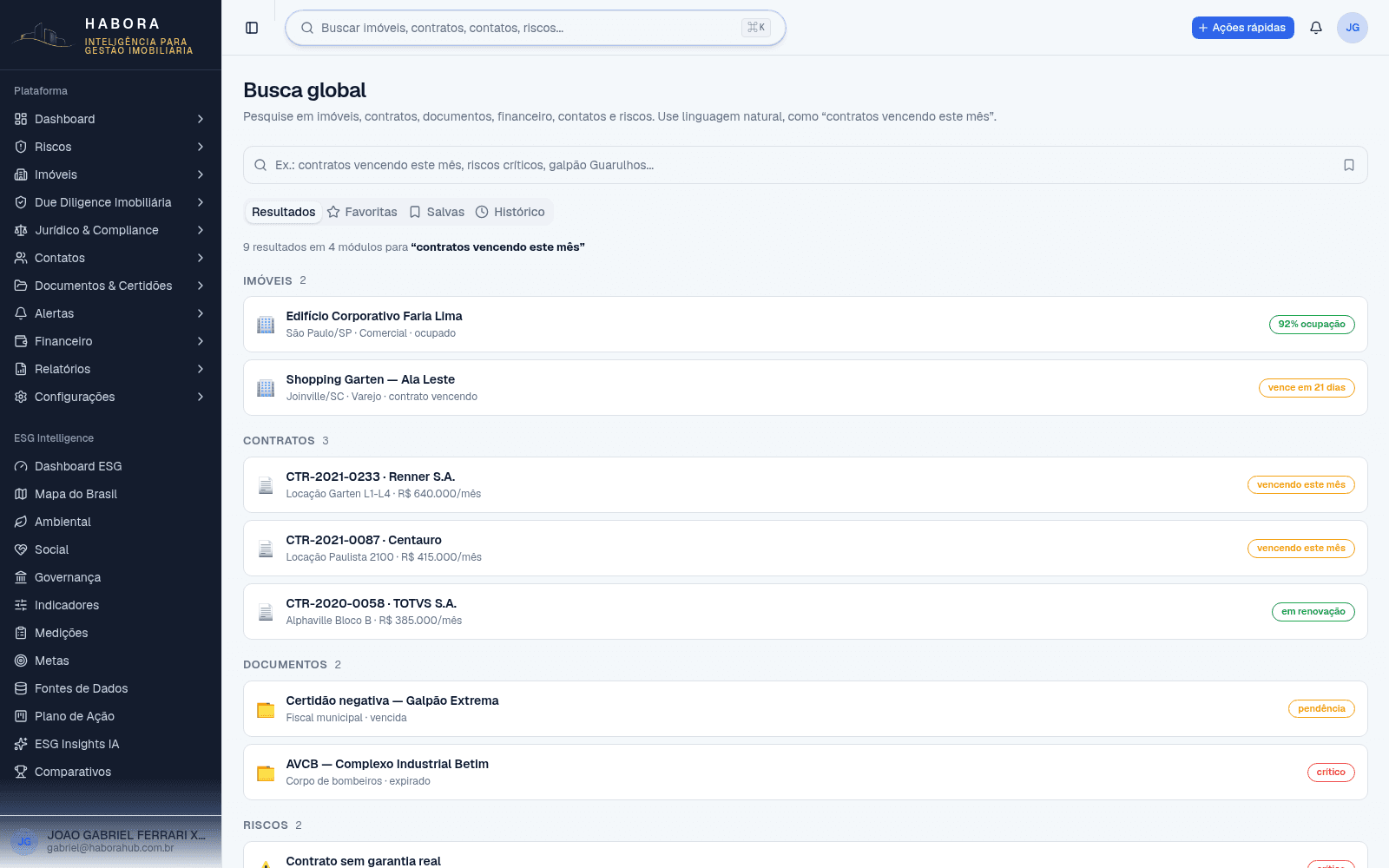 Busca Global — Tela real da plataforma