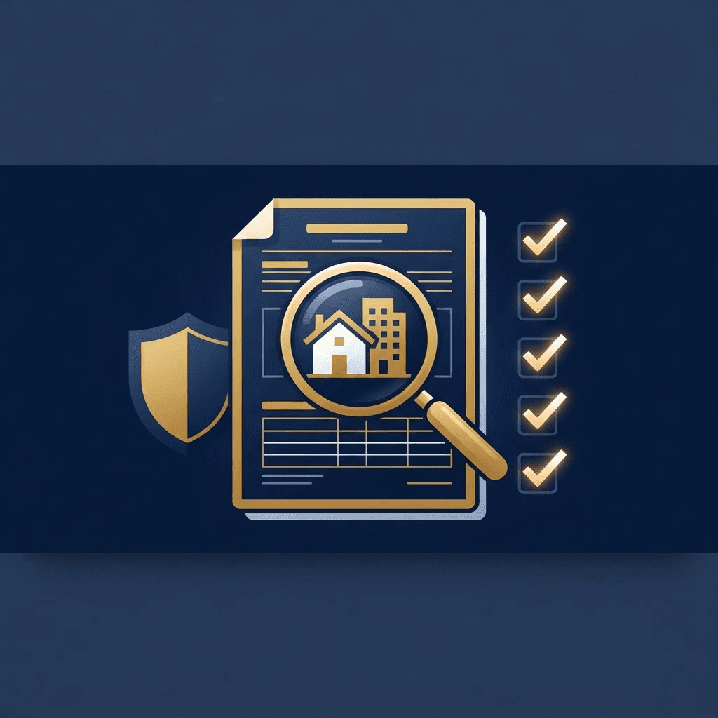 Ilustração de análise de documentos imobiliários com lupa, checklist e escudo de segurança jurídica.